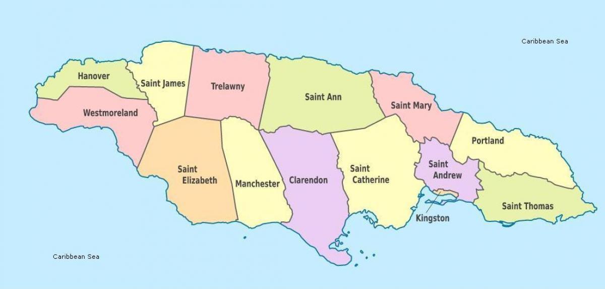un mapa de jamaica con las parroquias y capitales