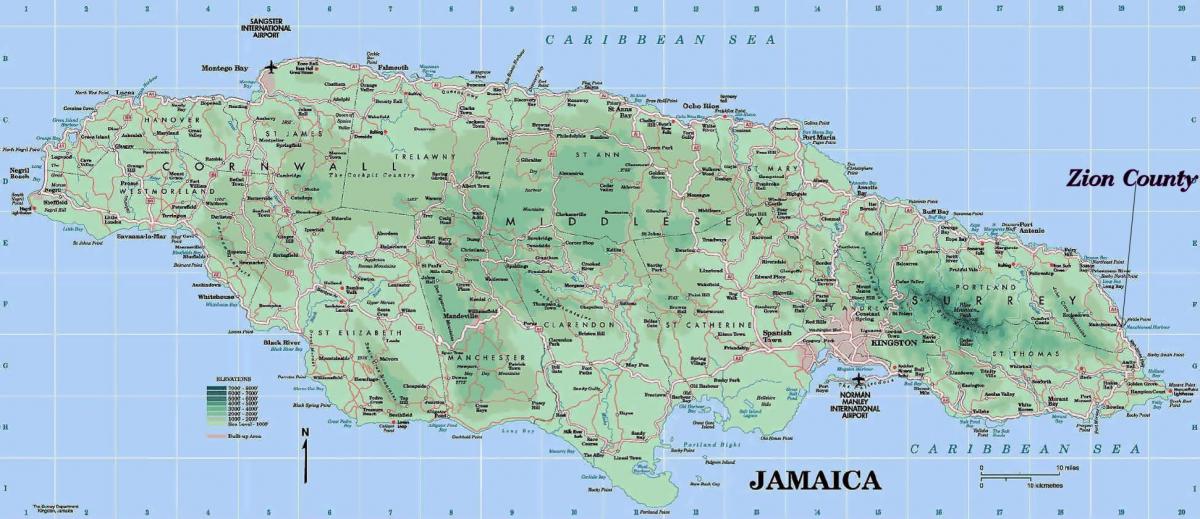 mapa físico de jamaica mostrando las montañas