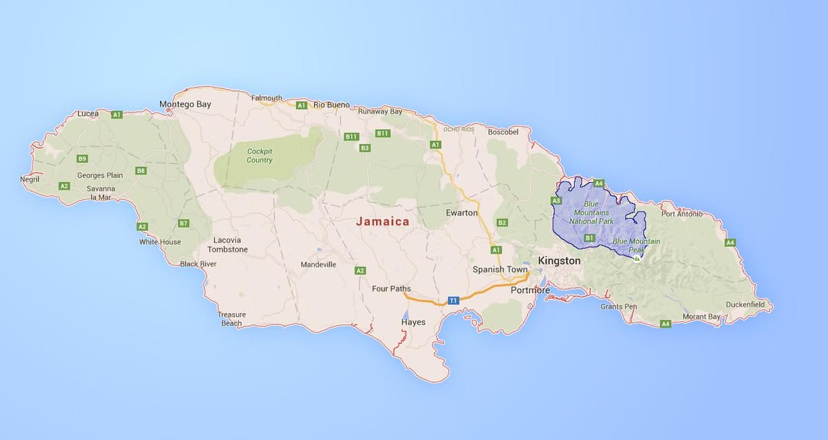 Mapa de las montañas azules de jamaica