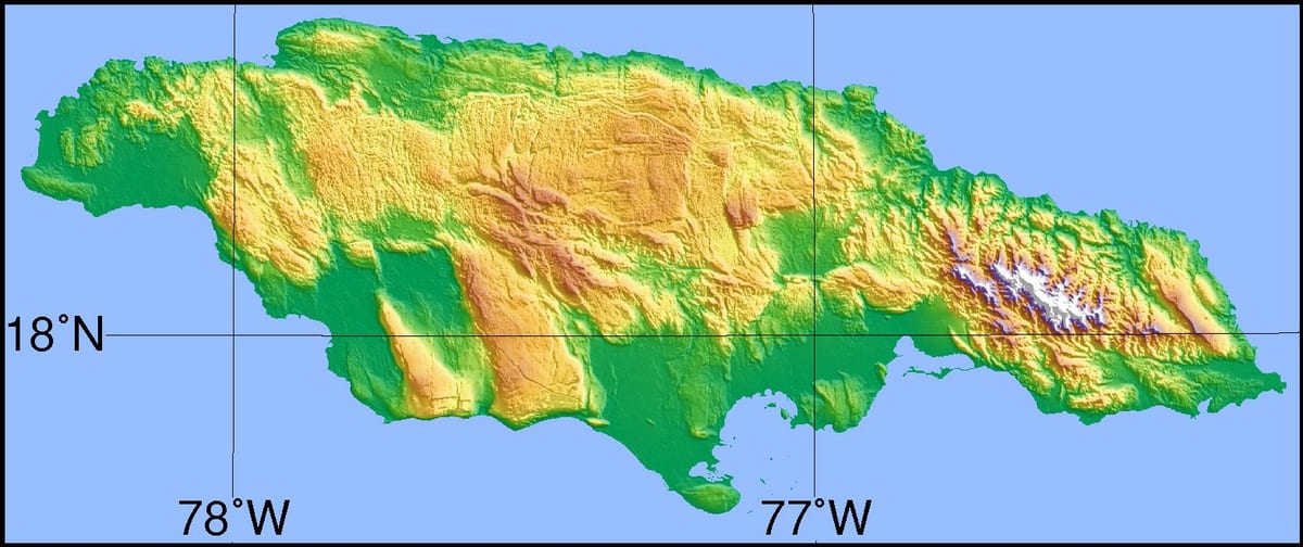 mapa de jamaica mostrando las montañas llanuras y valles