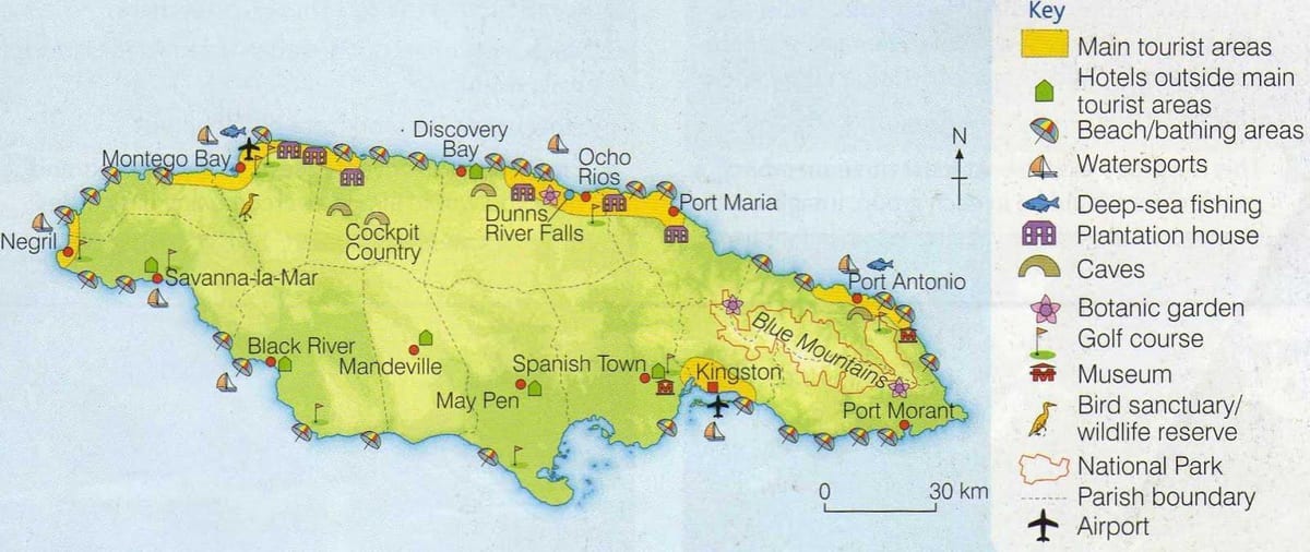 Mapa de jamaica mostrando las zonas turísticas