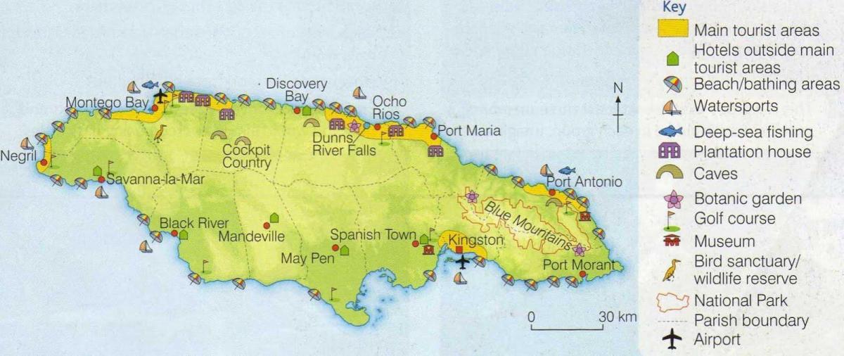 Mapa de jamaica mostrando las zonas turísticas