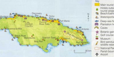 Mapa de jamaica mostrando las zonas turísticas