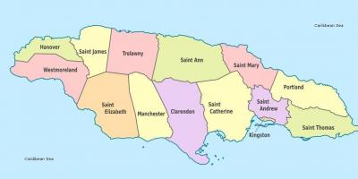 Un mapa de jamaica con las parroquias y capitales